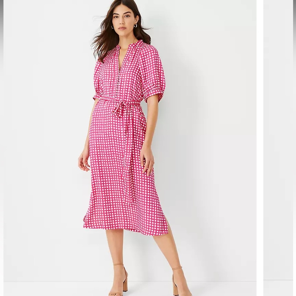 Ann Taylor Pink and White Puff Sleeve Maxi Dress